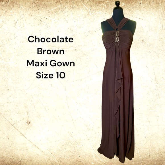 NWOT 80’s Beautiful Chocolate Brown Maxi Dress By NW Nightway Size 10 - Picture 2 of 5